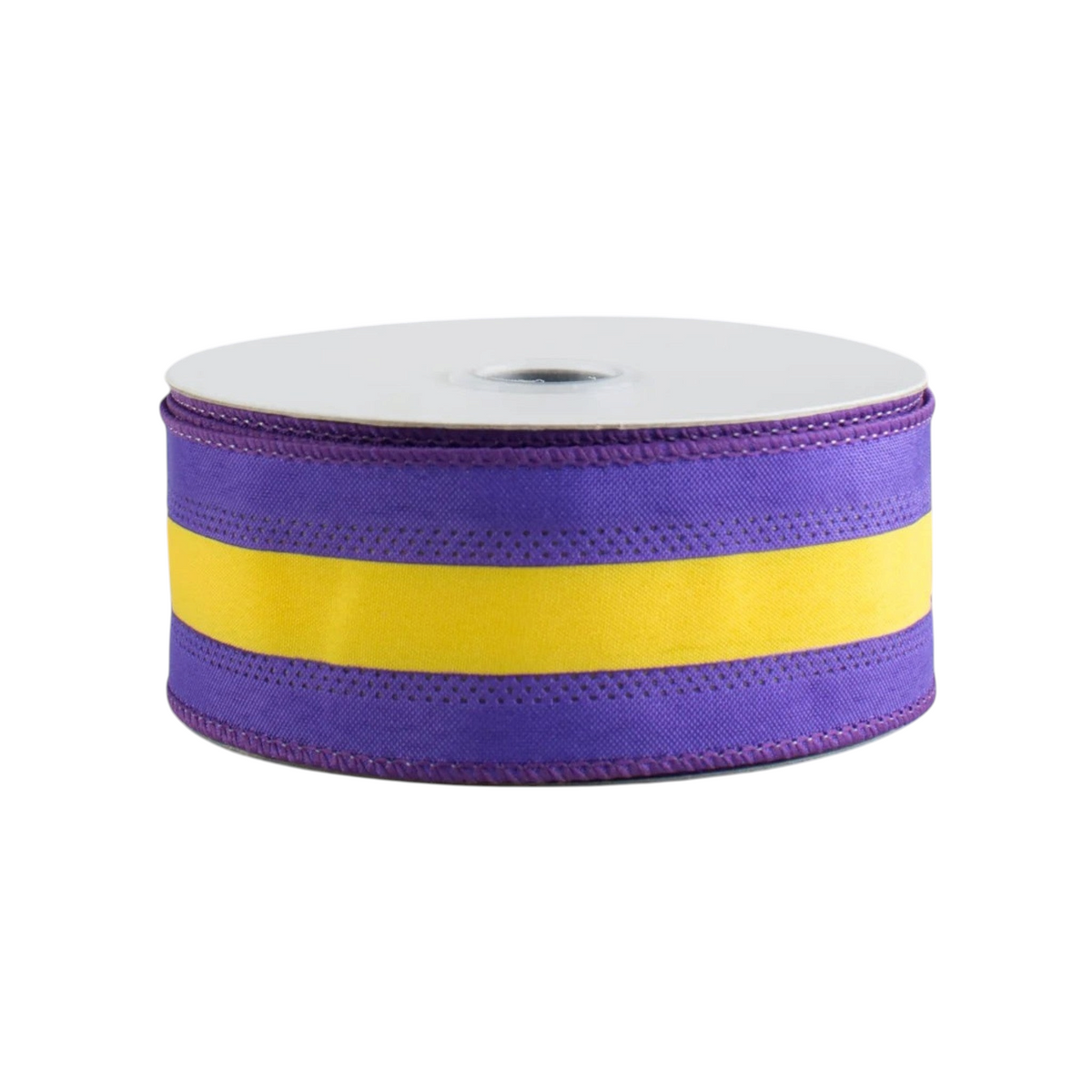 The Matthew John Collective 1.5 inch satin ribbon with purple and gold stripes and a wired edge for team decor.