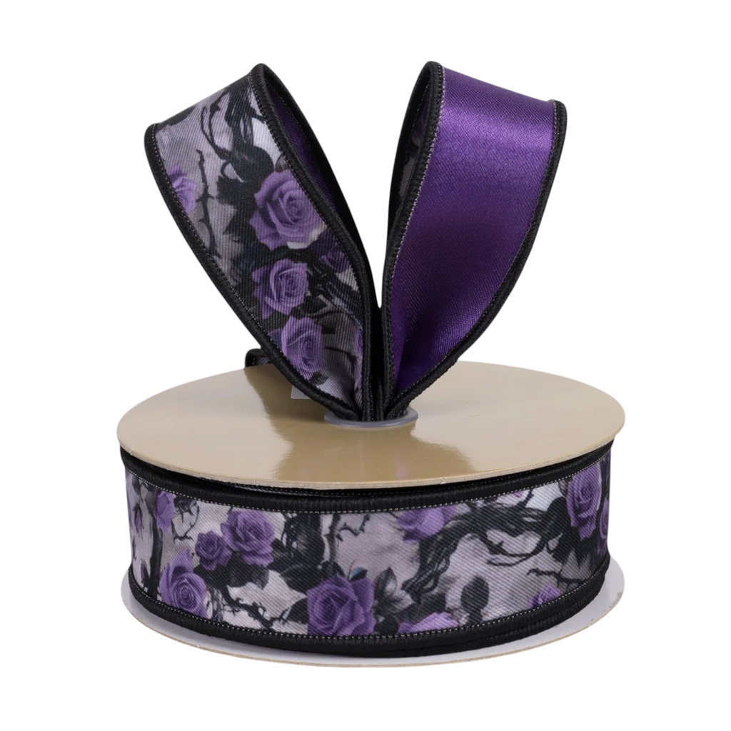 The Matthew John Collective 1.5-inch double-sided ribbon with purple roses, black vines, and a purple satin reverse.