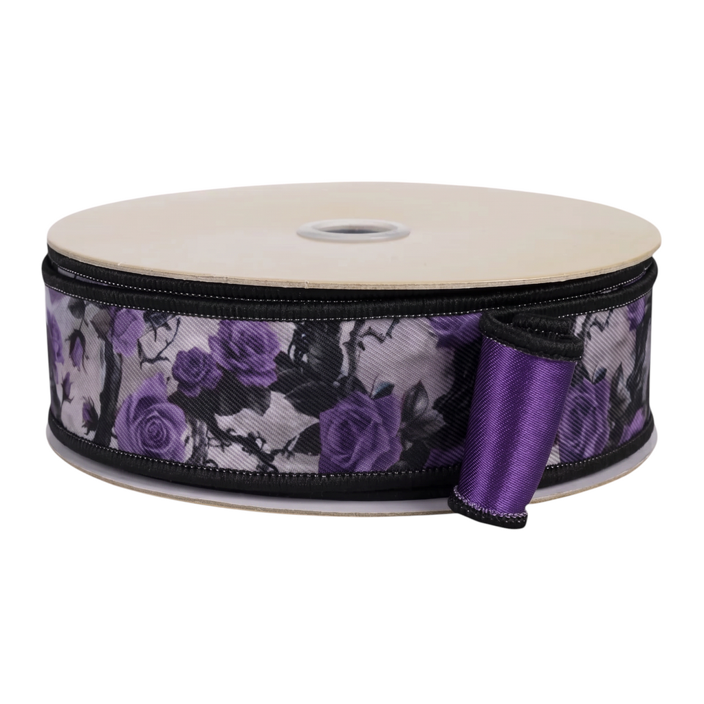 The Matthew John Collective 1.5-inch wired ribbon with purple roses and black vines on canvas with a purple satin back.