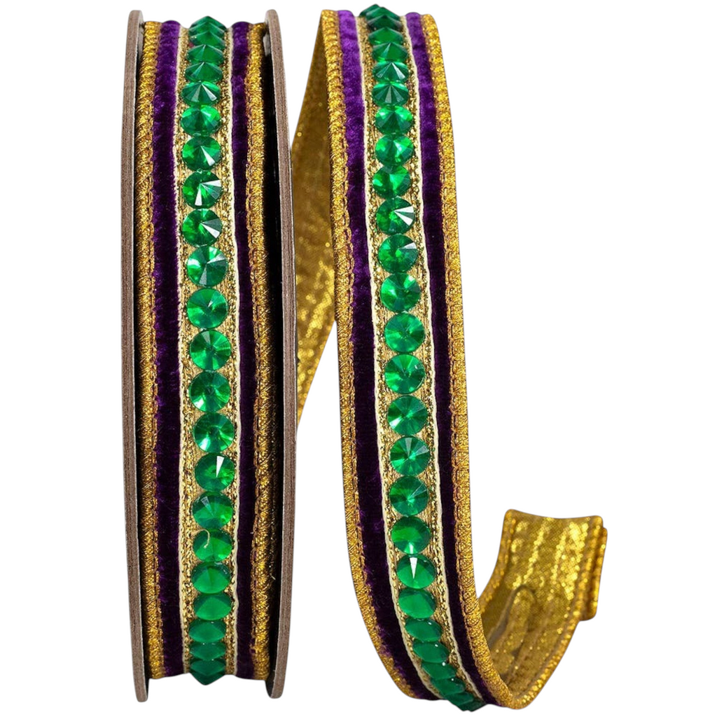 The Matthew John Collective purple plush velvet ribbon with a green jeweled center and gold metallic trim.