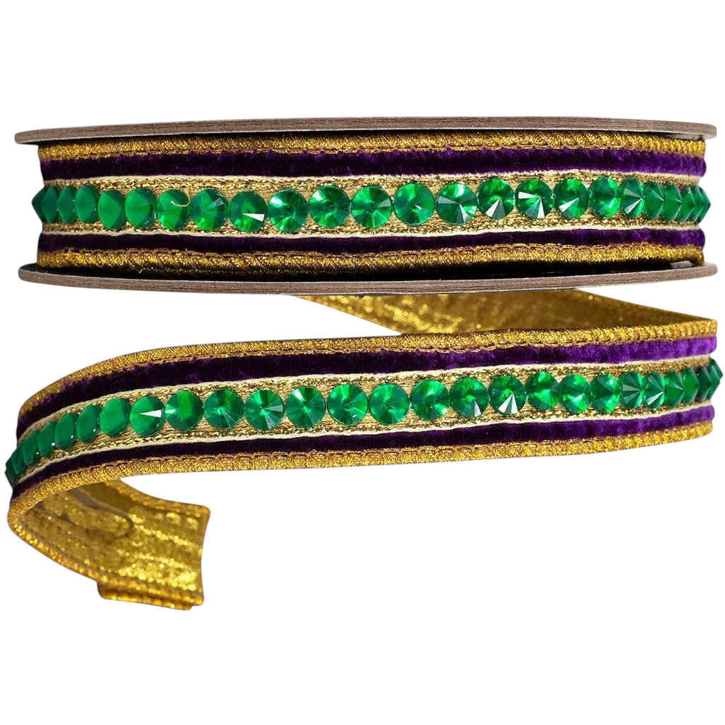The Matthew John Collective purple plush velvet ribbon with a green jeweled center and gold metallic trim edges.