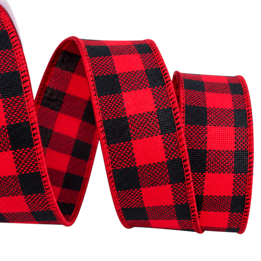 The Matthew John Collective red and black buffalo plaid wired ribbon for holiday crafts and farmhouse wreaths.