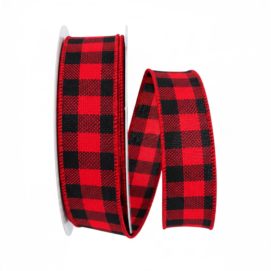 The Matthew John Collective red and black buffalo plaid wired ribbon roll for rustic holiday decorating.