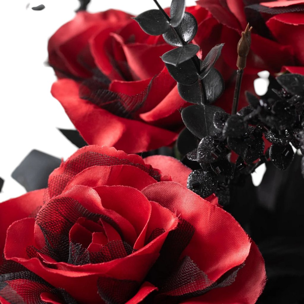 The Matthew John Collective 20-inch gothic rose bush featuring red silk roses with black tulle and glittery foliage.