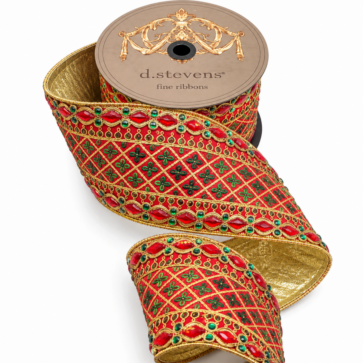 The Matthew John Collective D. Stevens red dupioni Christmas ribbon with gold lattice, green sequins, and jeweled trim.