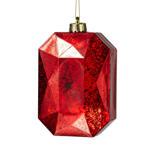 The Matthew John Collective antique red mercury glass look faceted rectangular gem Christmas ornament with gold cap.