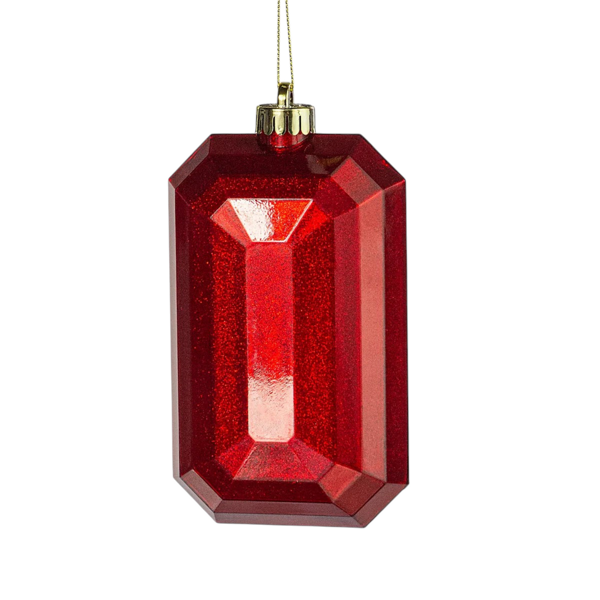 The Matthew John Collective red glitter rectangular gem ornament with faceted surfaces and a gold hanging loop.