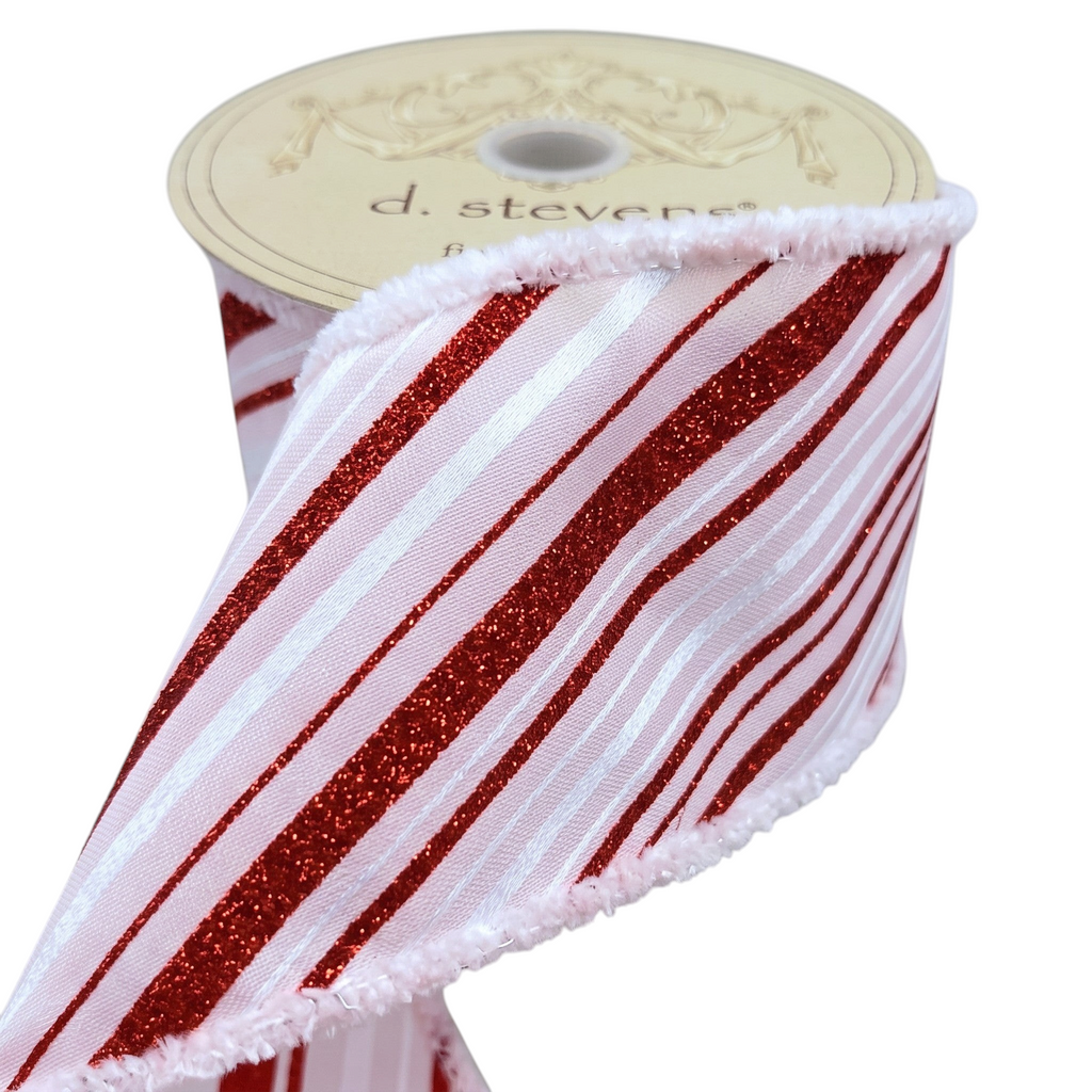 The Matthew John Collective D Stevens satin ribbon with red glitter diagonal stripes and fuzzy white snow-like edges.