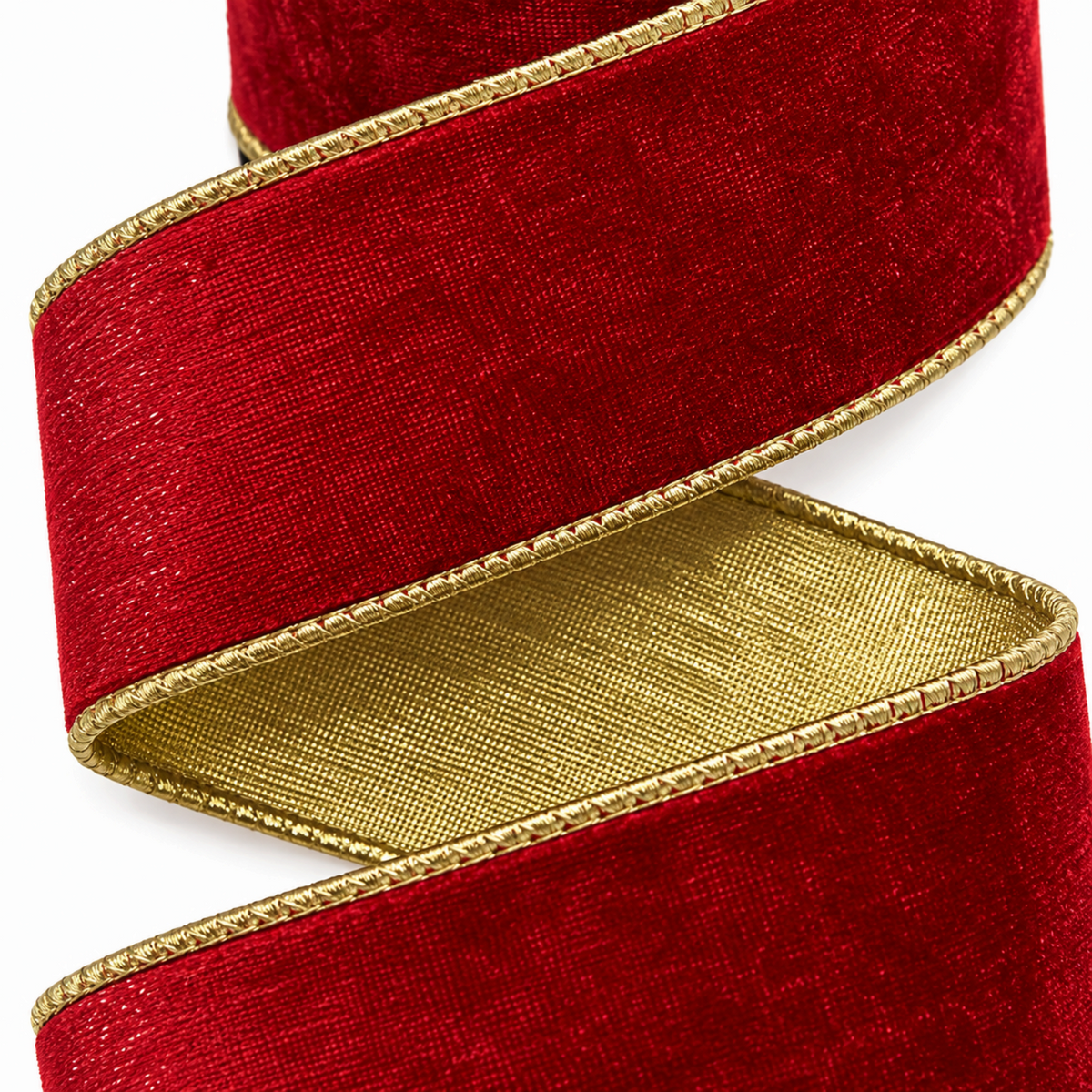 The Matthew John Collective D. Stevens red ice velvet ribbon with metallic gold backing and gold wired edges.