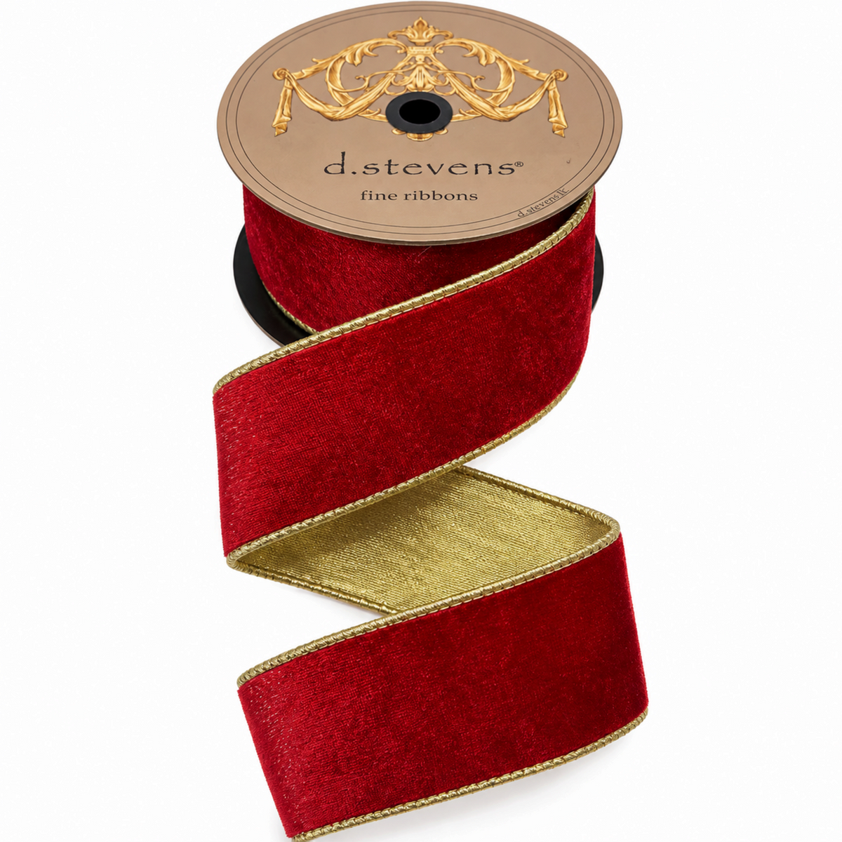 The Matthew John Collective D. Stevens red ice velvet ribbon with a metallic gold backing and gold wired edges.