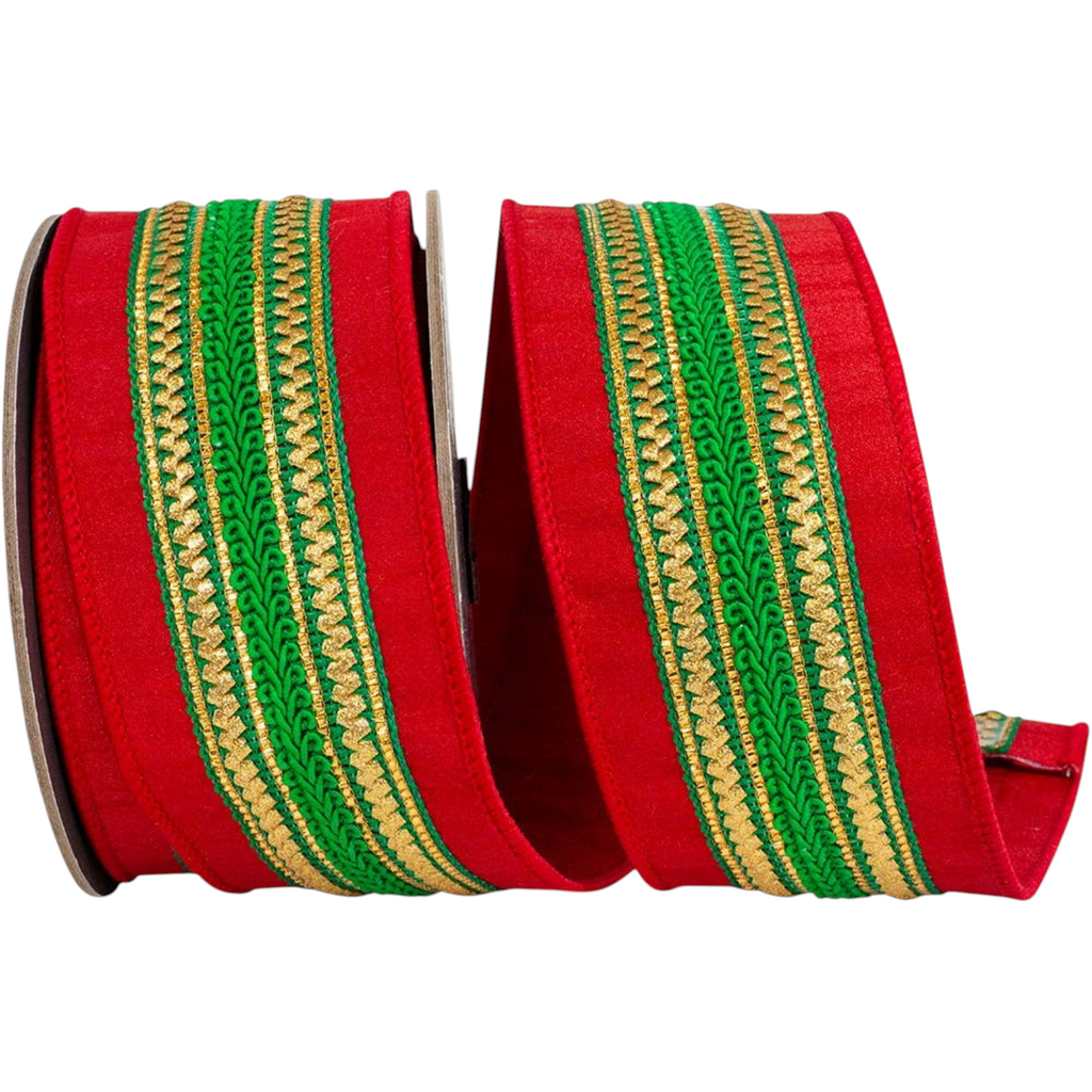 The Matthew John Collective red and green dupioni Christmas ribbon with metallic gold stitched center and wired edges