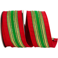 The Matthew John Collective red and green dupioni Christmas ribbon with metallic gold stitched center and wired edges.