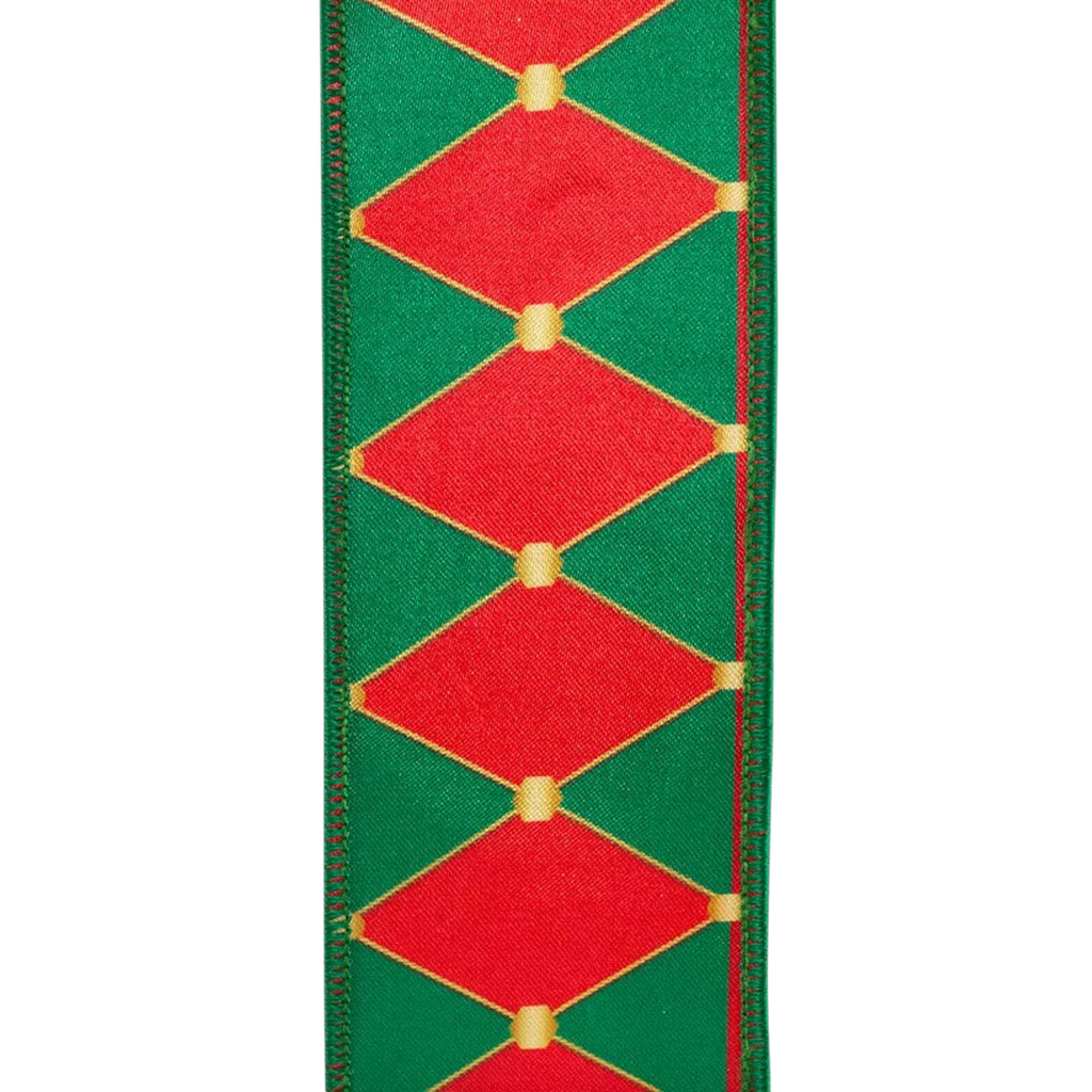 The Matthew John Collective red and green drummer diamond Christmas ribbon with gold accents and stitched edges.