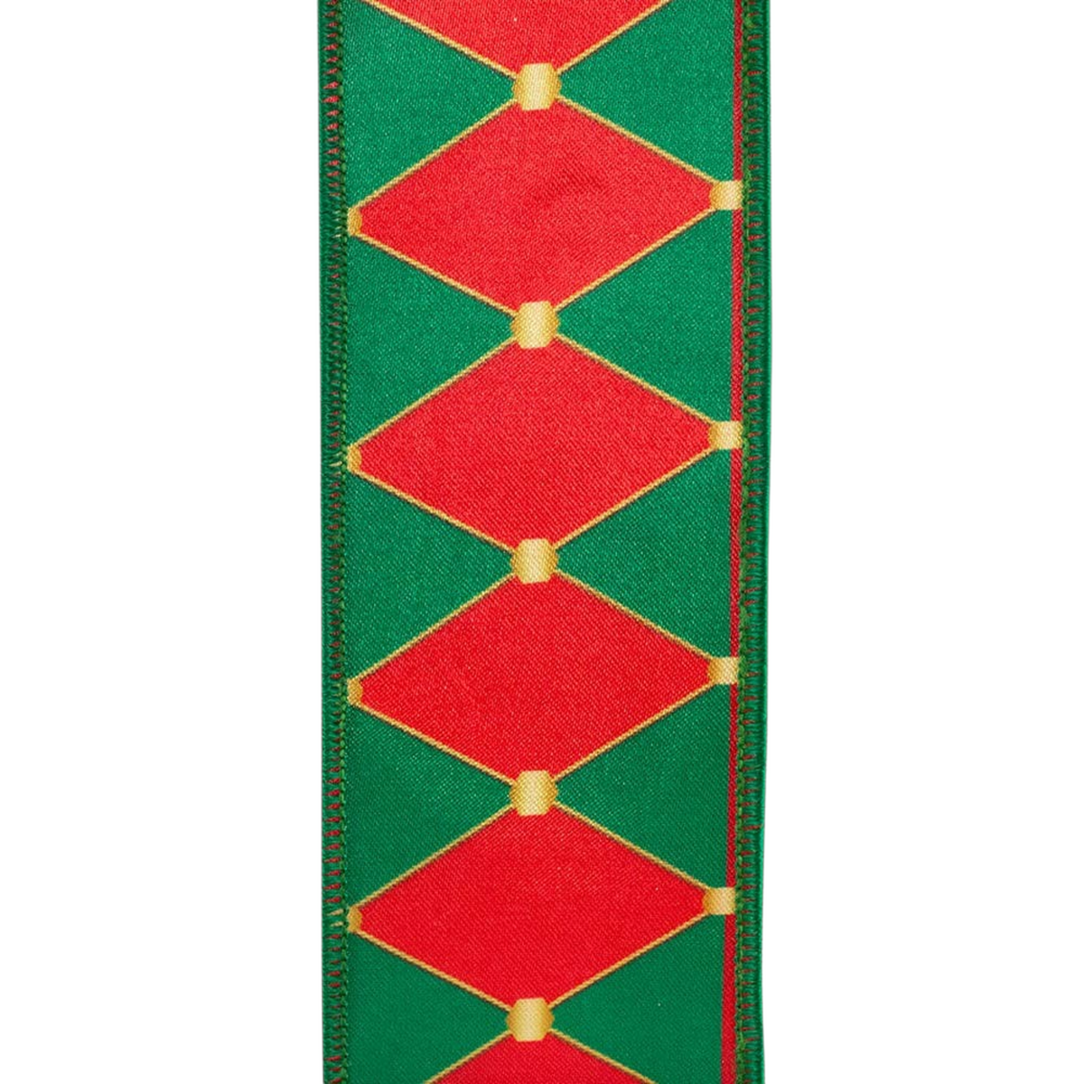 The Matthew John Collective red and green drummer diamond Christmas ribbon with gold accents and stitched edges.