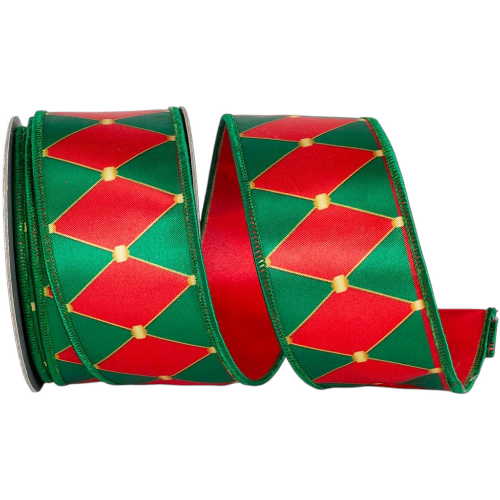 The Matthew John Collective red and green drummer diamond Christmas ribbon with gold accents and stitched edges.