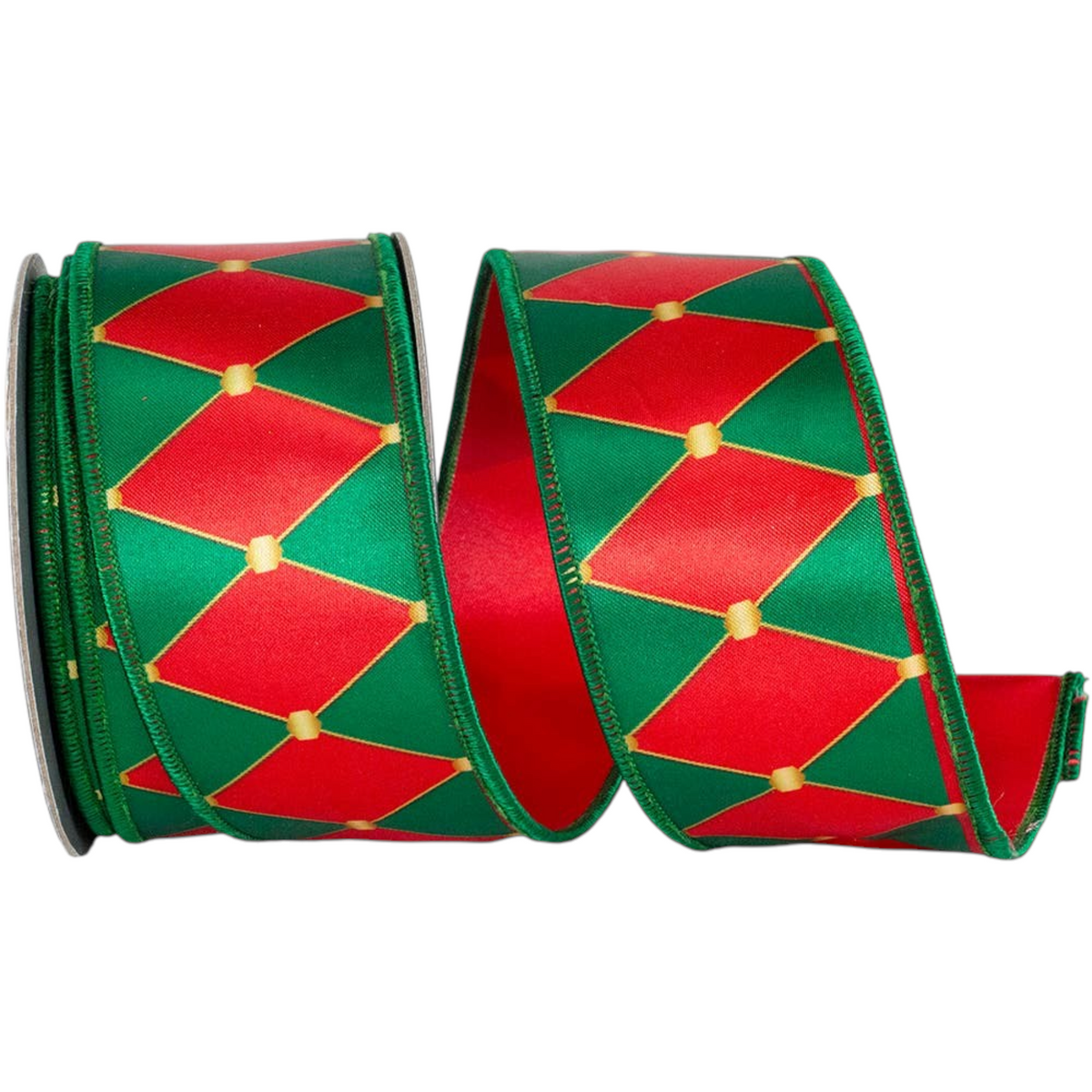 The Matthew John Collective red and green drummer diamond Christmas ribbon with gold accents and stitched edges.