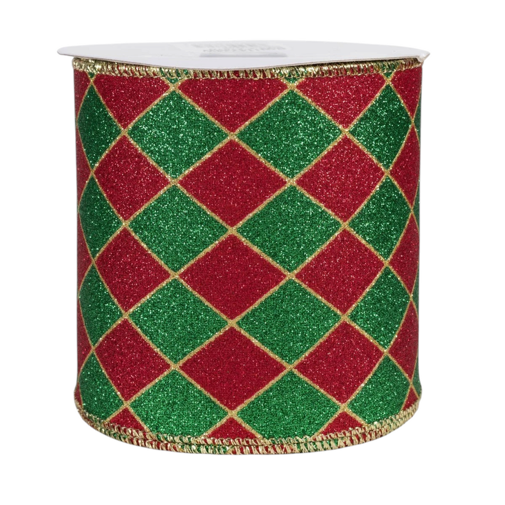 The Matthew John Collective 4-inch wired Christmas ribbon with red and green glitter harlequin diamonds and gold trim.