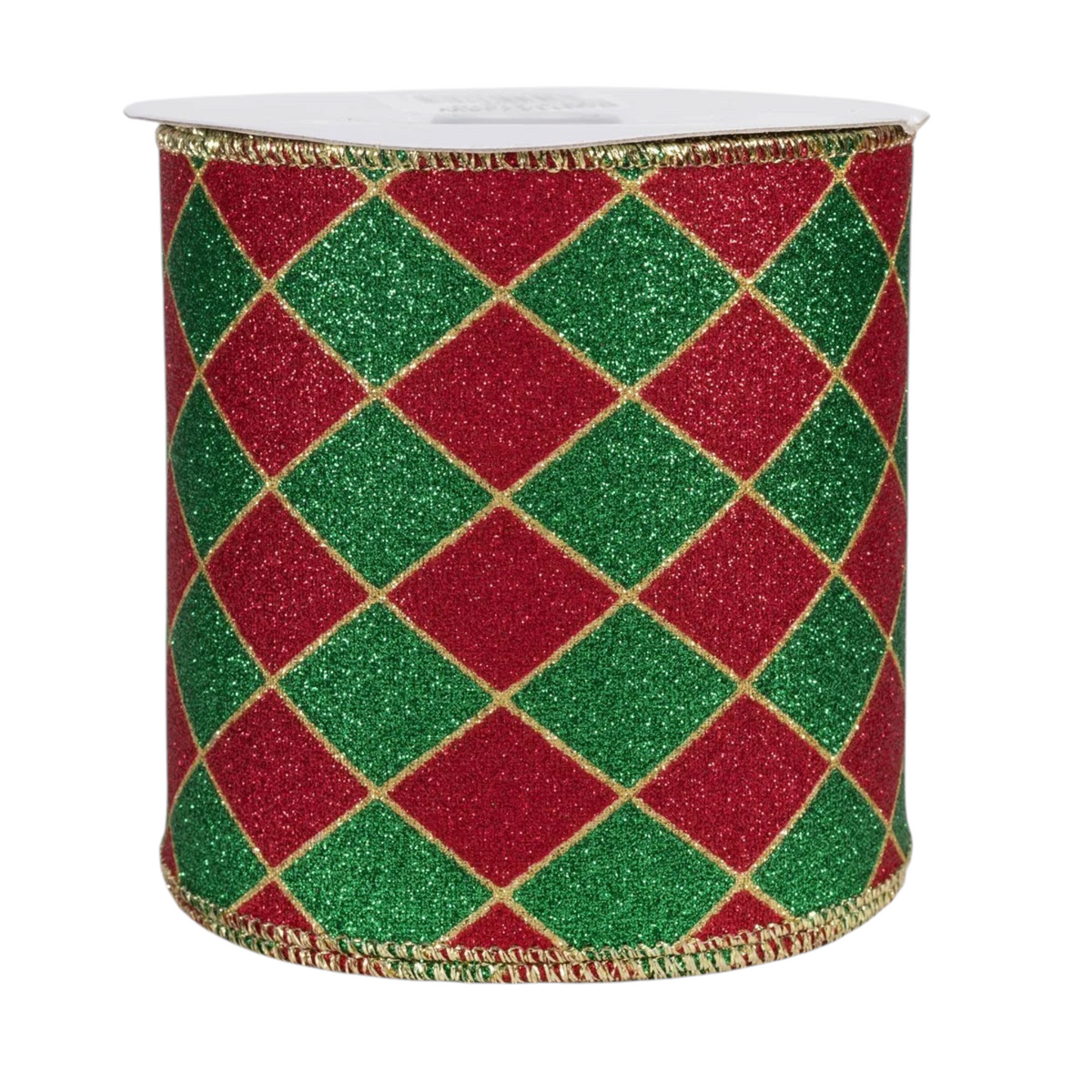 The Matthew John Collective 4-inch wired Christmas ribbon with red and green glitter harlequin diamonds and gold trim.