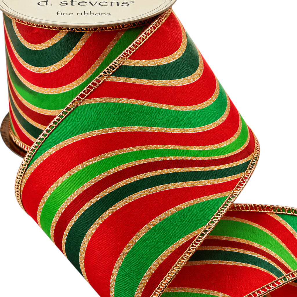 The Matthew John Collective D. Stevens Christmas ribbon with red and green abstract waves and metallic gold trim.