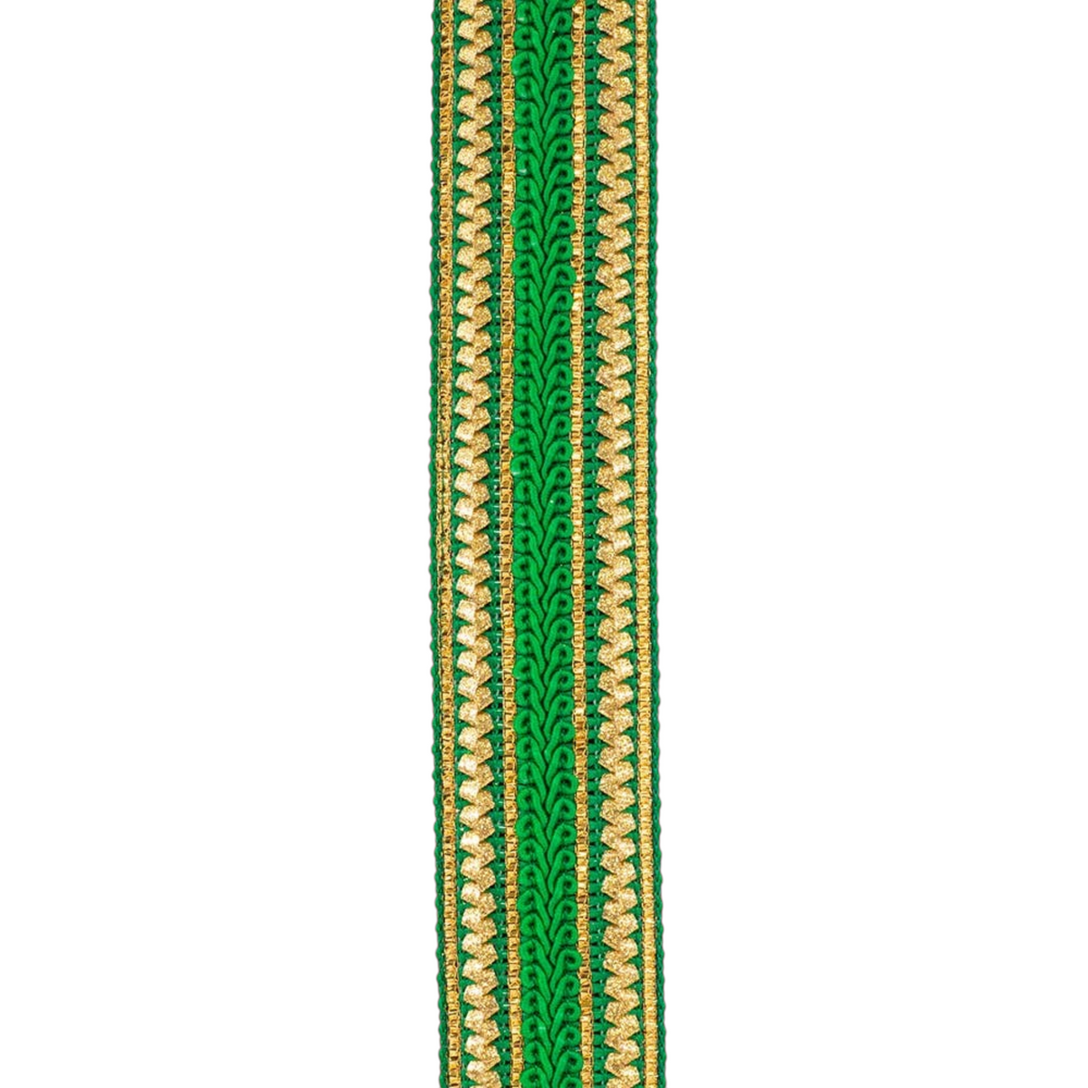 The Matthew John Collective red and green dupioni Christmas ribbon with metallic gold stitched center detailing.