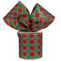 The Matthew John Collective 4-inch wired Christmas ribbon with red and green glitter harlequin diamonds and gold trim.