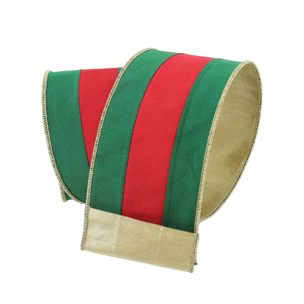 The Matthew John Collective Farrisilk Chic Stripe ribbon in green and red with gold edges for Christmas decorating