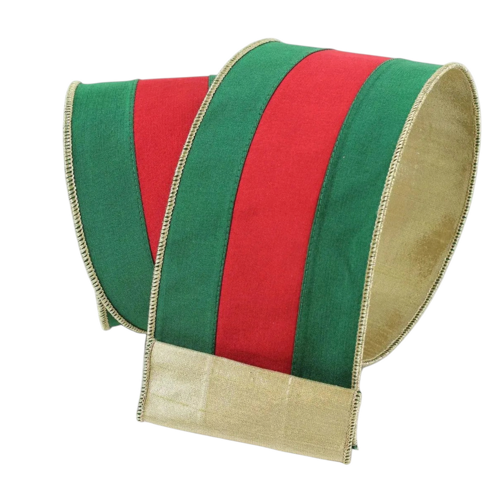 The Matthew John Collective Farrisilk Chic Stripe ribbon in red and green with gold edges for Christmas decorating.