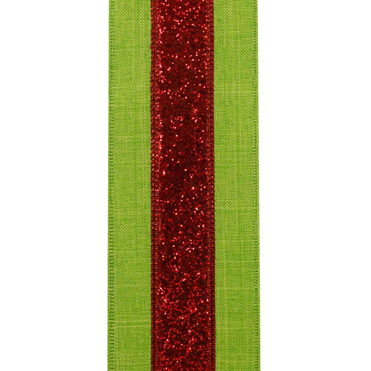The Matthew John Collective red and lime striped wired ribbon with glitter texture for Christmas decorating.
