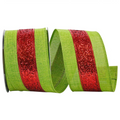 The Matthew John Collective red and lime green striped wired ribbon with a glittery finish for holiday decorating.