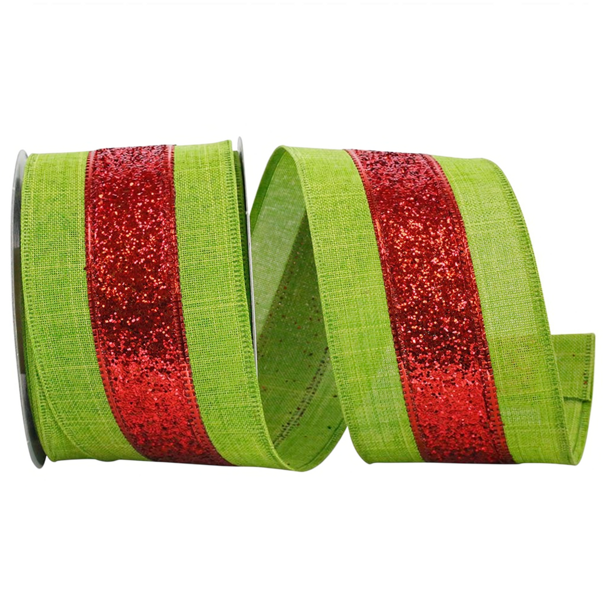 The Matthew John Collective red and lime green striped wired ribbon with a glittery finish for holiday decorating.
