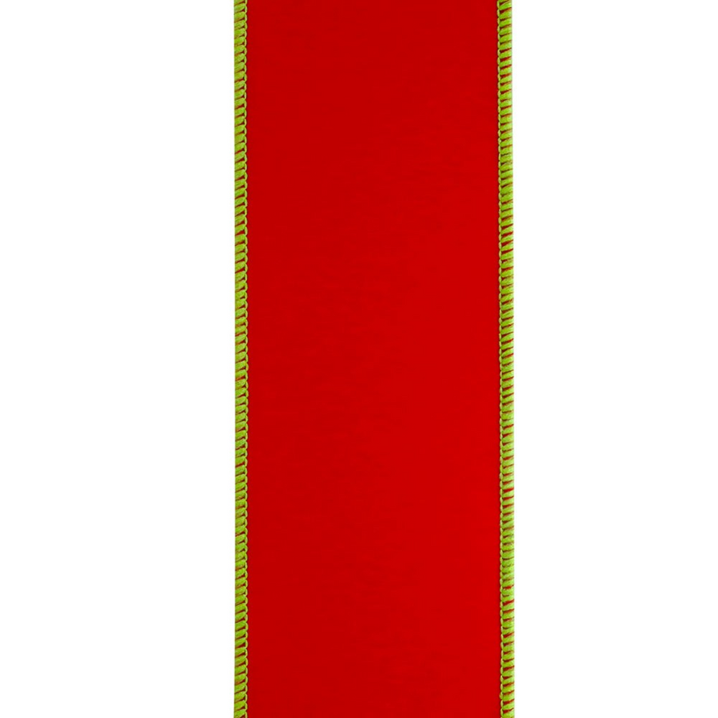 The Matthew John Collective red and lime two-sided velvet wired ribbon for holiday decorating.