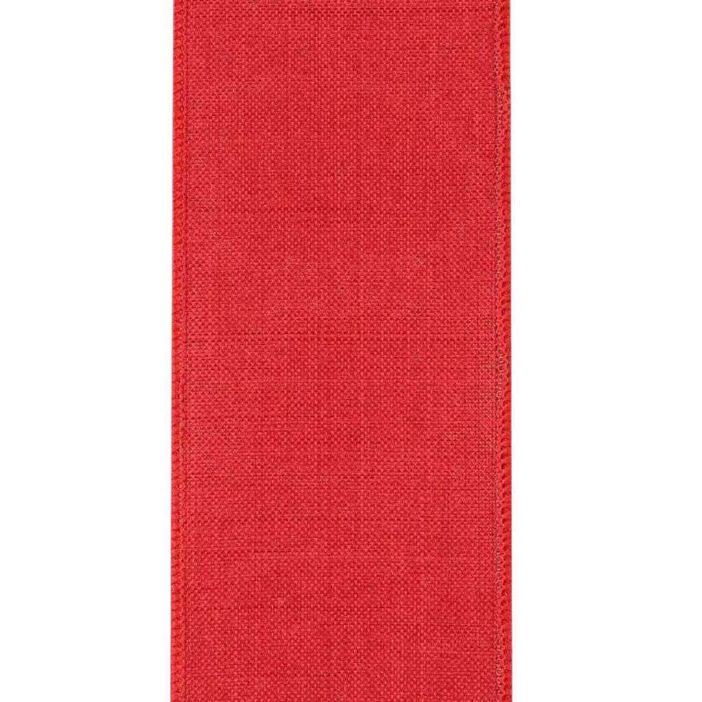 The Matthew John Collective solid red linen ribbon with a wired edge, perfect for wreaths and gift wrapping.