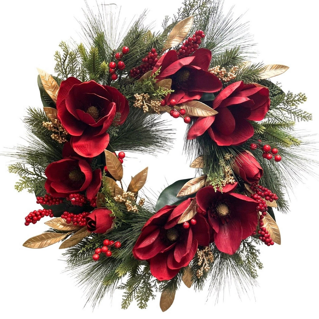 The Matthew John Collective 24-inch Christmas wreath with red magnolia blooms, gold leaves, berries, and evergreens.