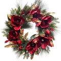 The Matthew John Collective 24-inch Christmas wreath with red magnolia blooms, gold leaves, berries, and evergreens.