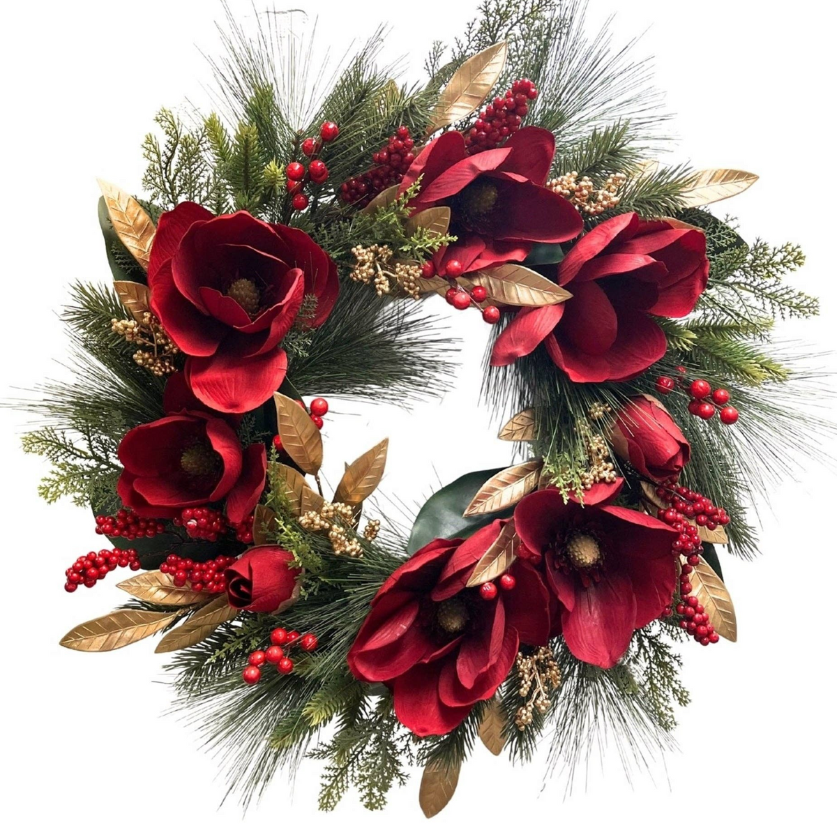 The Matthew John Collective 24-inch Christmas wreath with red magnolia blooms, gold leaves, berries, and evergreens.