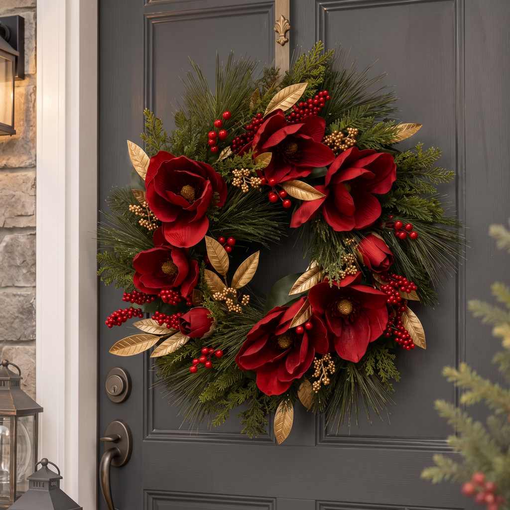 The Matthew John Collective 24-inch Christmas wreath with red magnolia blooms, gold leaves, berries, and pinecones.