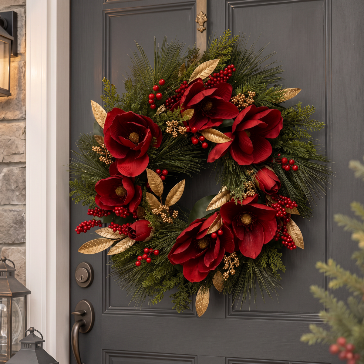 The Matthew John Collective 24-inch Christmas wreath with red magnolia blooms, gold leaves, berries, and pinecones.