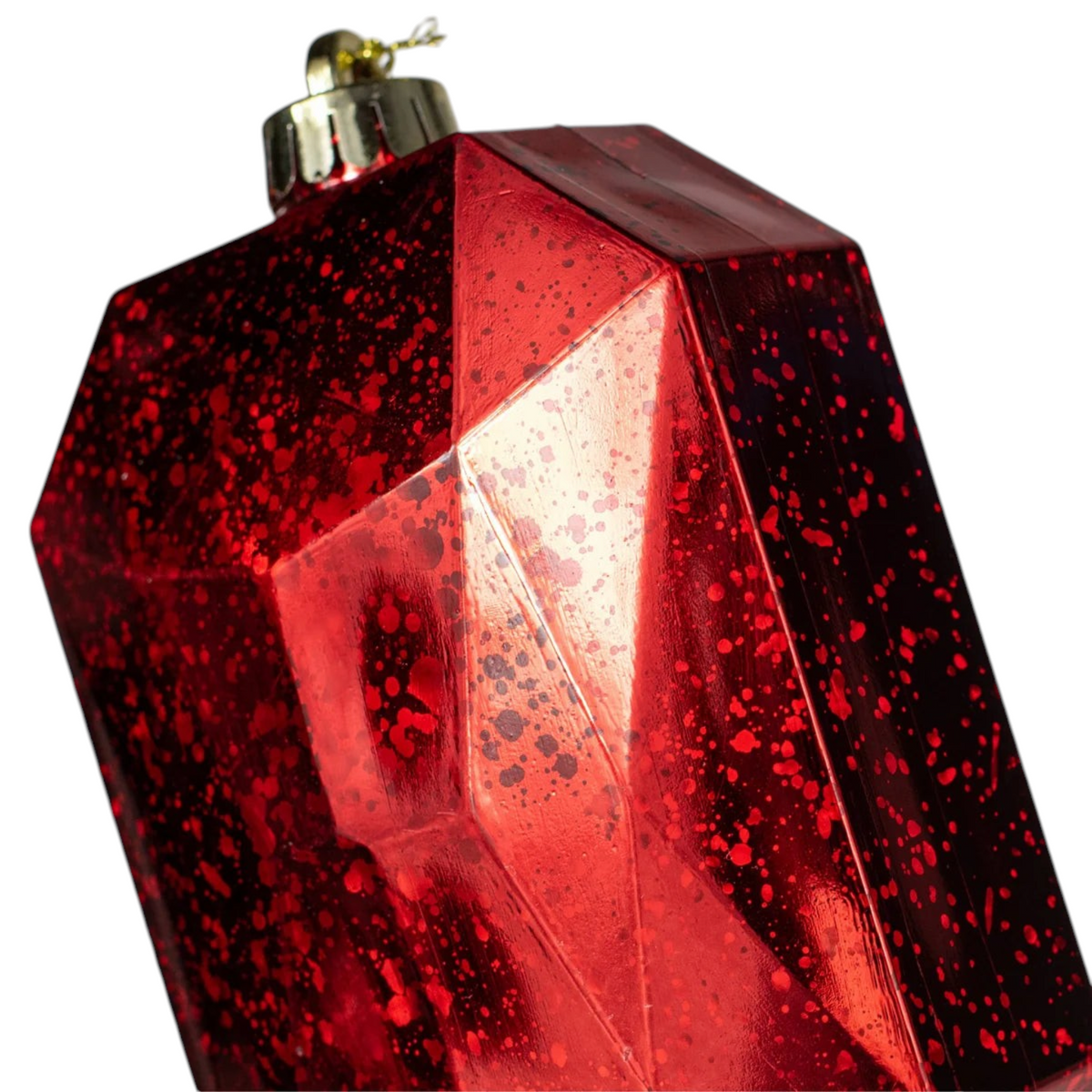 The Matthew John Collective antique red mercury glass look faceted gem ornament with a gold cap for Christmas decor.