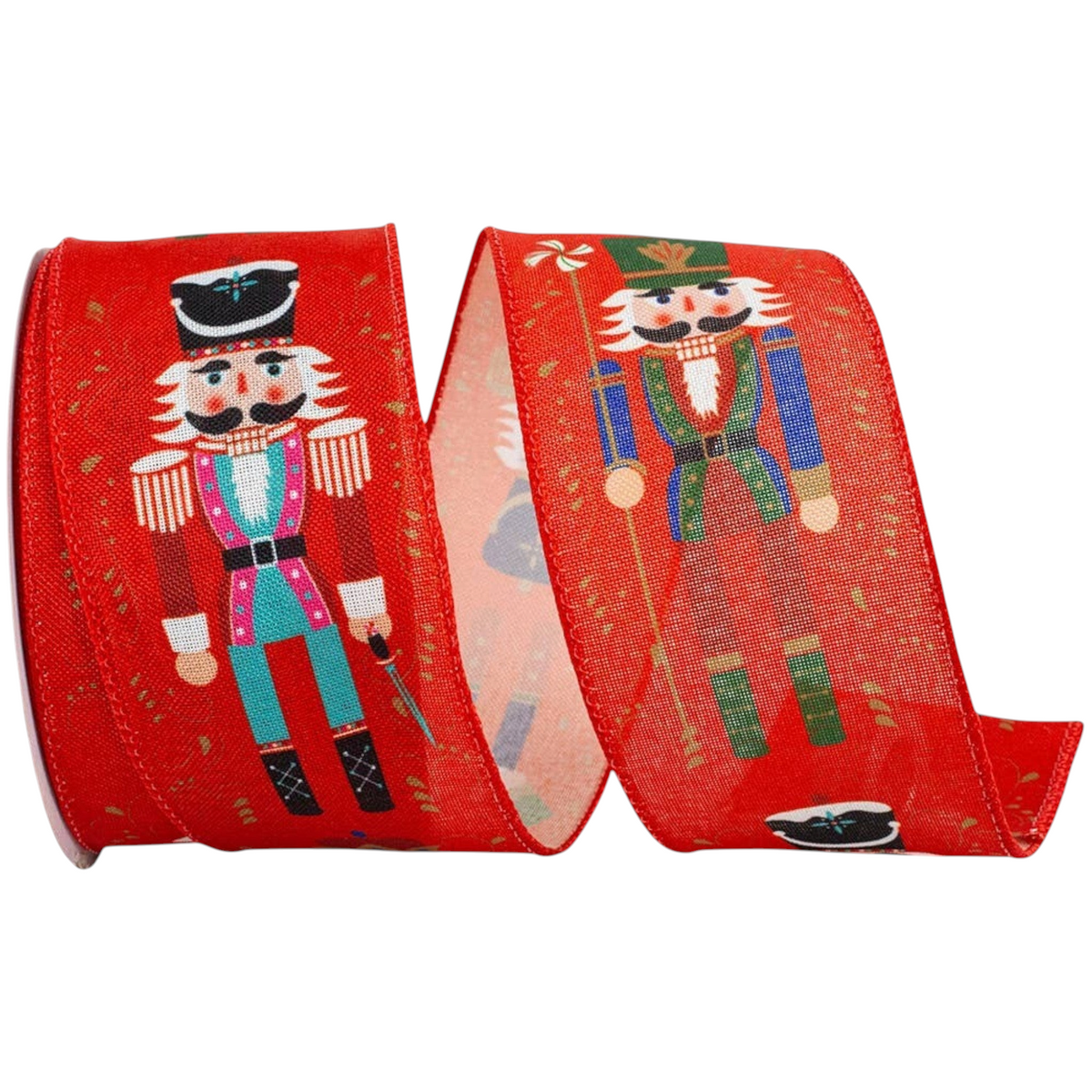 The Matthew John Collective red wired edge ribbon featuring whimsical nutcracker figures and intricate scrollwork