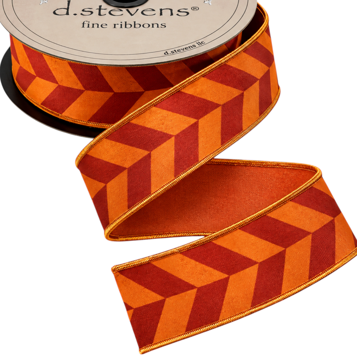 The Matthew John Collective D. Stevens satin ribbon with a red and orange herringbone pattern and wired edges.