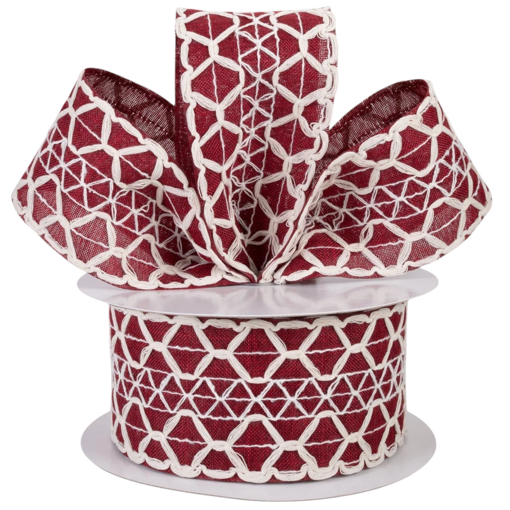 The Matthew John Collective dark red linen-like ribbon with a white scalloped weave pattern and wired edges on a spool.