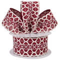 The Matthew John Collective dark red linen-like ribbon with a white scalloped weave pattern and wired edges on a spool.