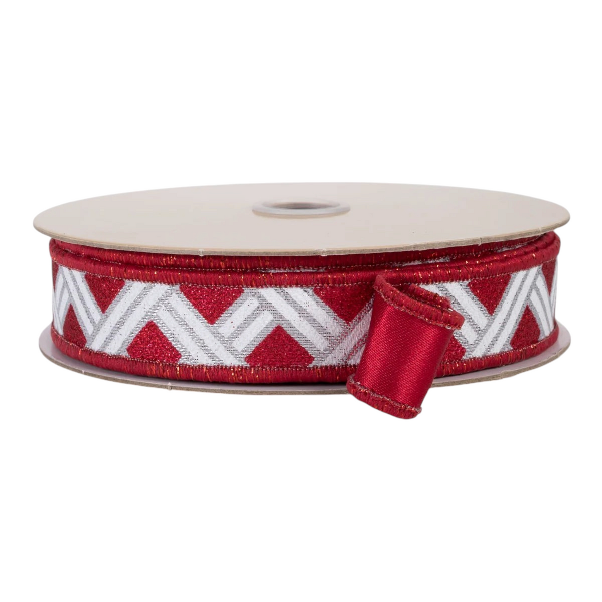 The Matthew John Collective red and silver metallic basketweave wired ribbon with a solid red satin reverse on a spool