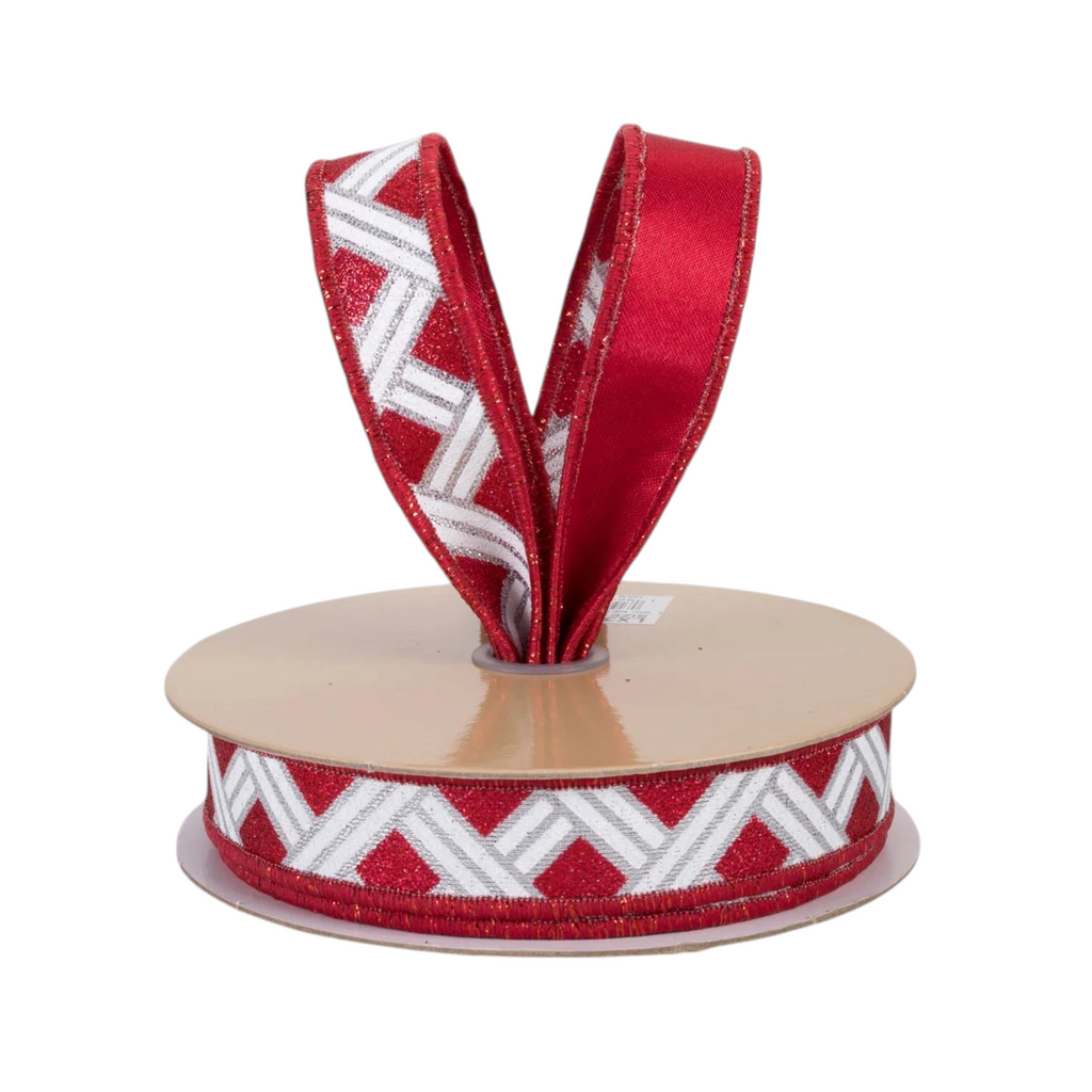 The Matthew John Collective red and silver metallic basketweave wired ribbon with a solid red satin reverse on a spool