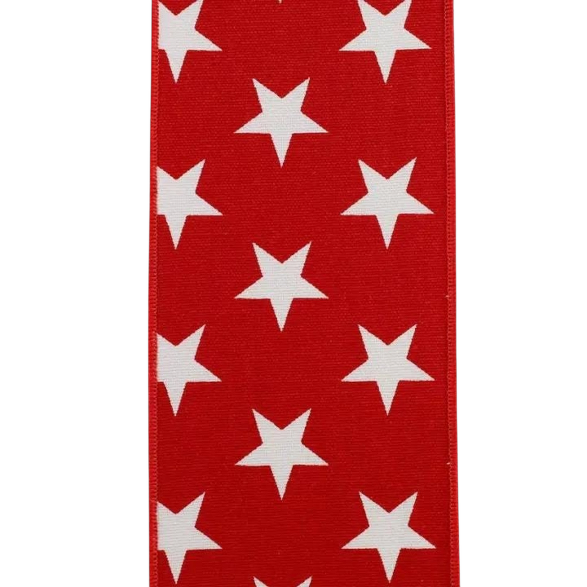 The Matthew John Collective red canvas ribbon with white stars and wired edges for patriotic wreath and bow crafting.