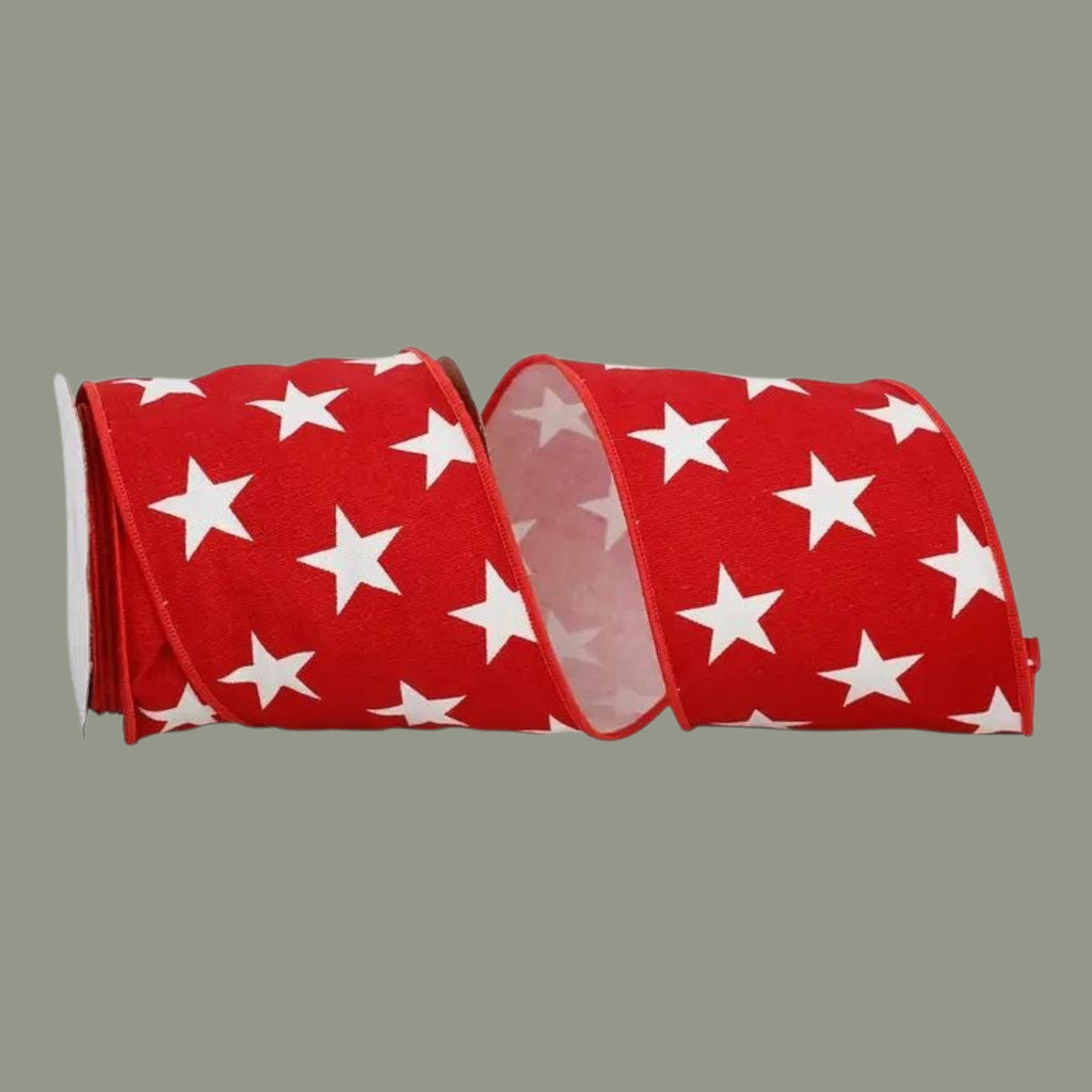 The Matthew John Collective red cotton canvas ribbon with white stars and wired edges for patriotic craft projects