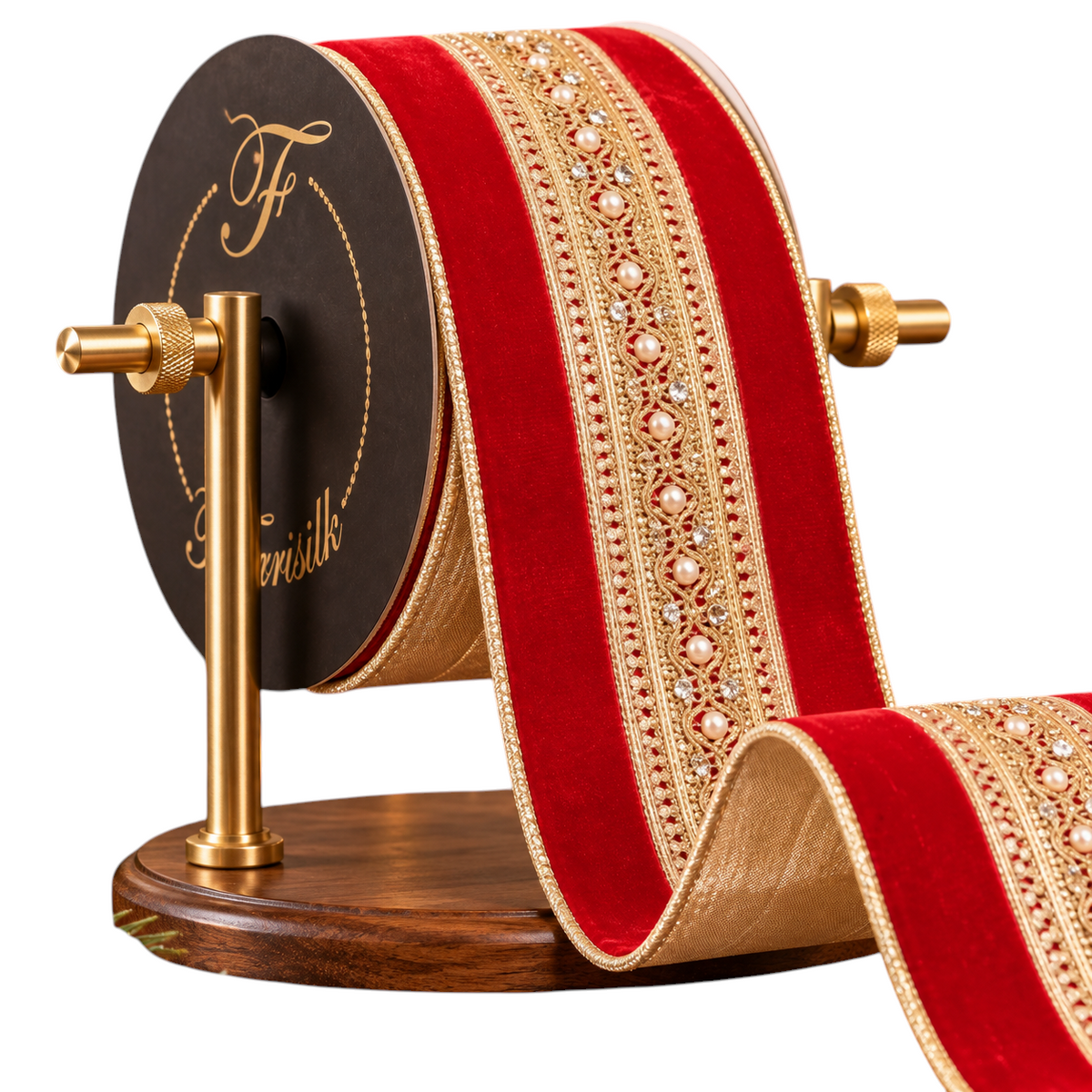 The Matthew John Collective Farrisilk red velvet holiday ribbon with intricate gold beadwork and wired edges on a spool