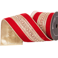 The Matthew John Collective Farrisilk red velvet holiday ribbon with gold beaded trim and wired edges on a spool.