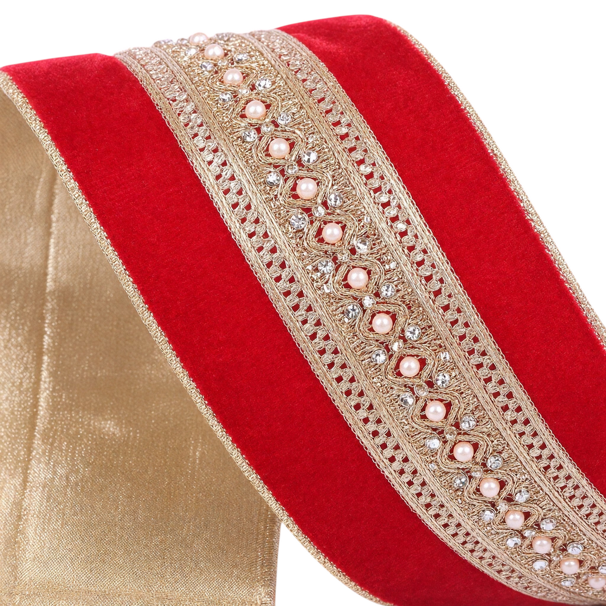 The Matthew John Collective Farrisilk red velvet holiday ribbon with intricate gold beadwork and pearl trim