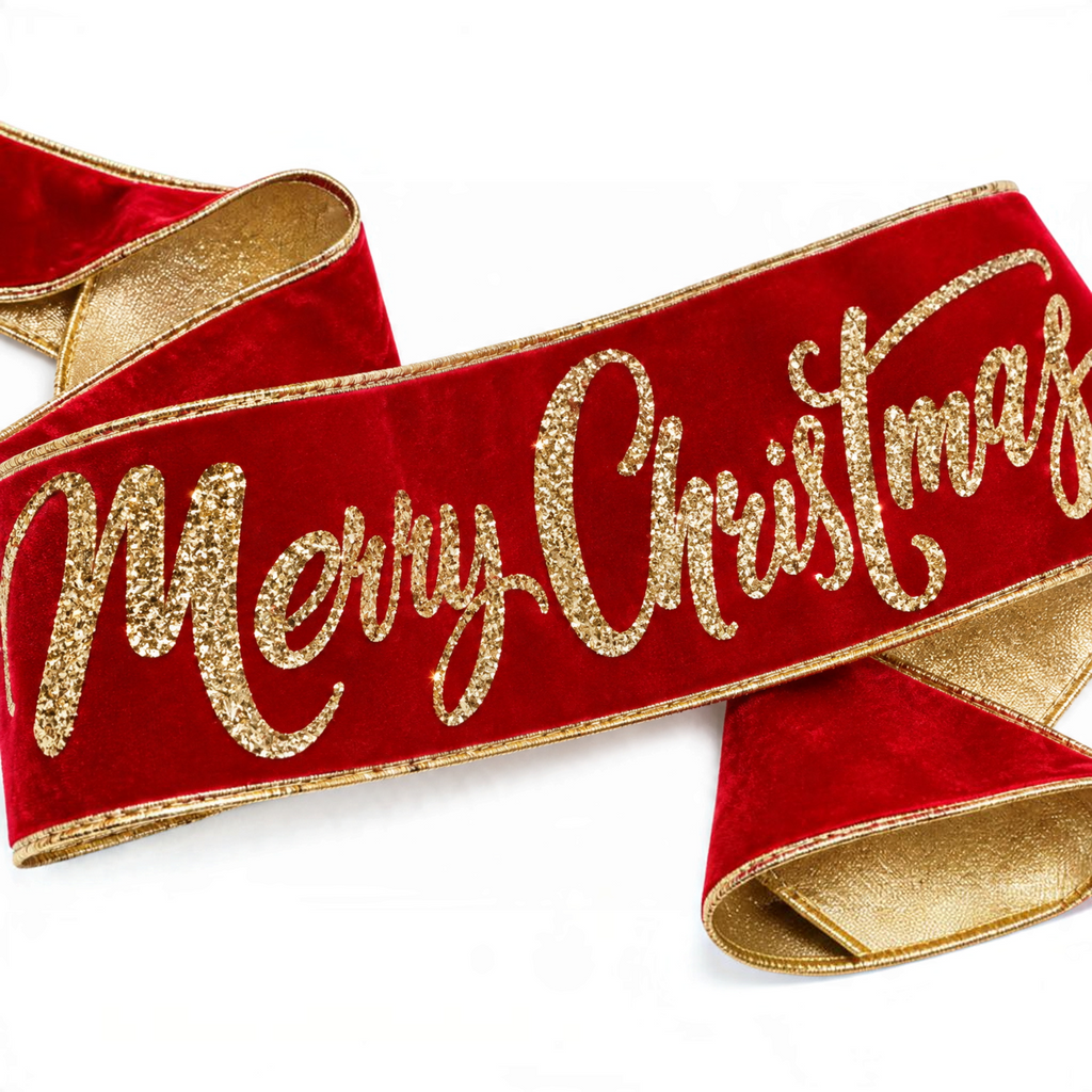 The Matthew John Collective red velvet Christmas banner with gold glitter Merry Christmas script and metallic gold trim